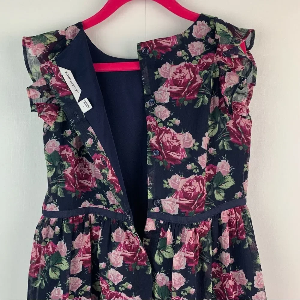 Janie And Jack Girl’s Navy Pink Floral Chiffon Ruffle Dress Size 7